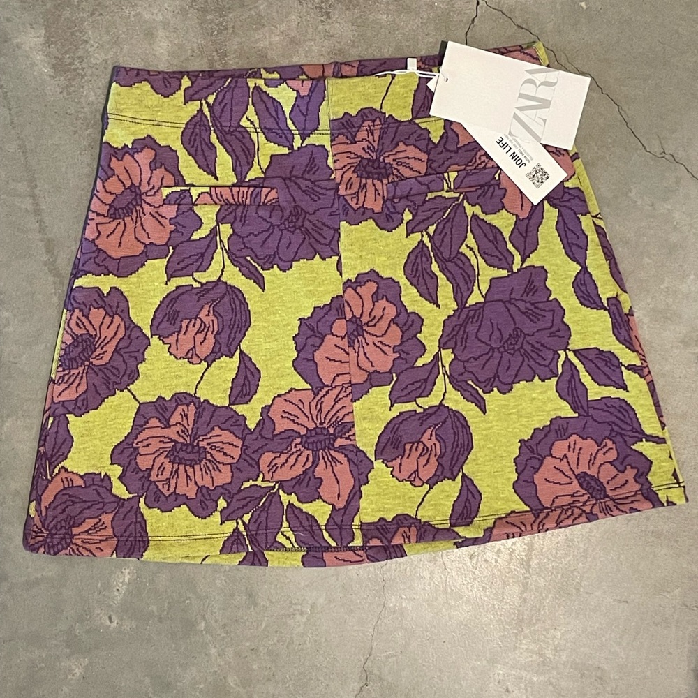Zara Lime Green Floral Mini Skirt with Purple and Coral Flowers